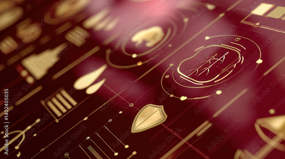 Poster golden futuristic data visualization with security and energy icons on red background