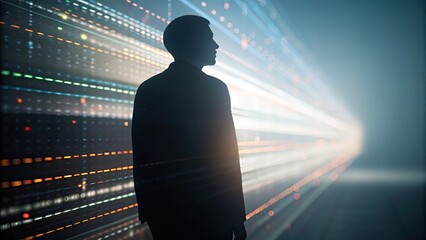 Cybersecurity data protection privacy concept A silhouette of a person against a vibrant, abstract background of light trails and data points.