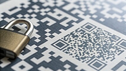 Cybersecurity data protection privacy concept A close-up of a QR code with a padlock, symbolizing security and encryption in digital information sharing.