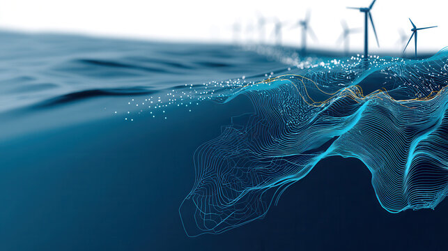 Marine renewable energy concept with offshore wind turbines and digital wave patterns