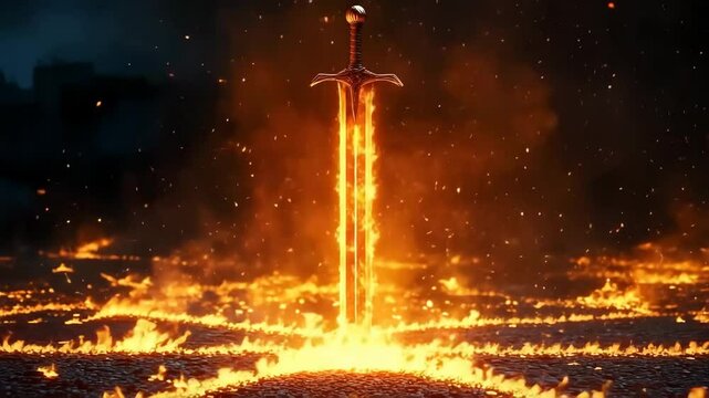 Fiery sword forged in intense flames amidst a blaze of sparks and molten metal