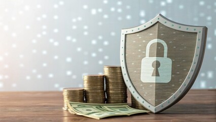 Cybersecurity data protection privacy concept Shield with a lock symbol protecting stacks of coins, symbolizing financial security and investment protection.