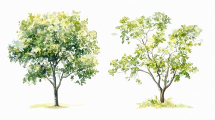 Obraz premium Set of watercolor green tree isolated on white background for landscape and architecture drawing, elements for environment and garden, botanical for section in spring. illustration