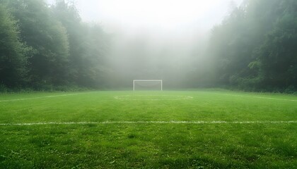 Foggy Football Field: Lush Green Pitch, Goalpost, Misty Landscape, Tranquil Sports Scene