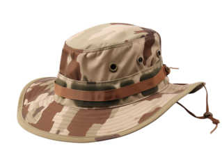 A desert camouflage boonie hat with a brown band and adjustable strap on a view  on transparent background png