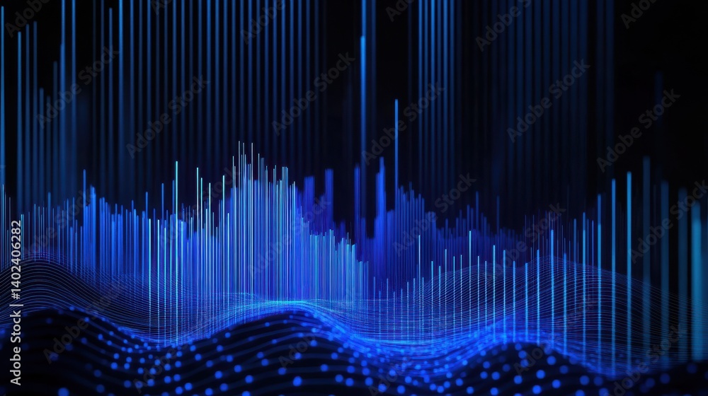 Poster digital financial data visualization with blue bar graphs and line charts illustration
