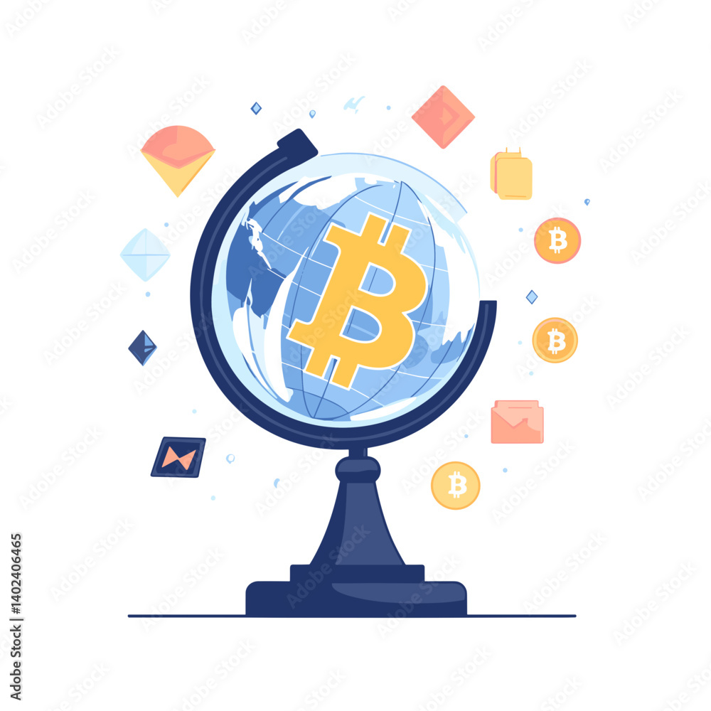 Poster global bitcoin cryptocurrency network on a rotating globe