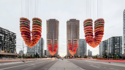 City street art installation, vibrant hanging flowers, urban landscape, twilight