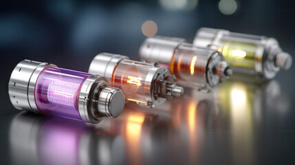 Obraz premium Futuristic energy storage concept with glowing cylindrical devices, showcasing advanced technology and innovation