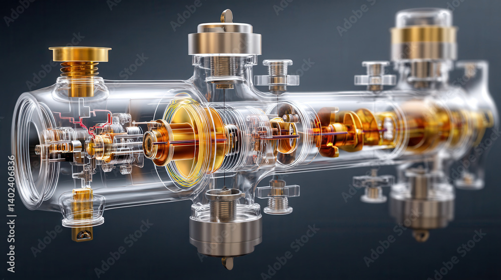 Poster transparent mechanical assembly showcasing intricate components, precision engineering, and metallic