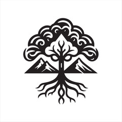 Surreal Tree on Mountain Illustration – Black and White Nature Symbol in Tribal Style