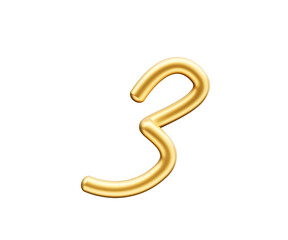 3d Golden Shiny Digit 3 Number Three Rounded Inflatable Font White Background 3d Illustration