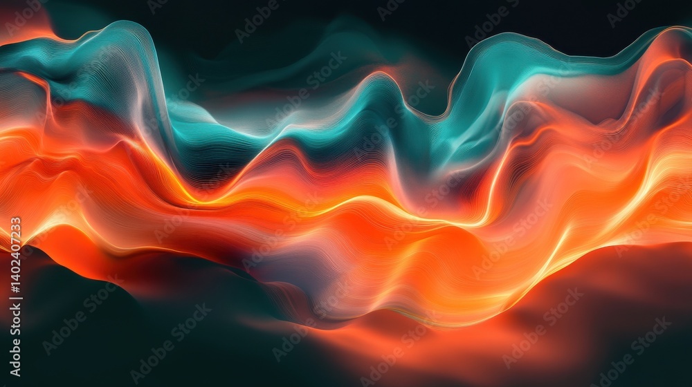 Poster luminous orange and teal waves of light and particles flow across a dark background, creating a dyna