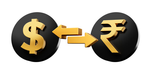 3d Golden Dollar And Rupee Symbol On Rounded Black Icons With Money Exchange Arrows, 3d illustration