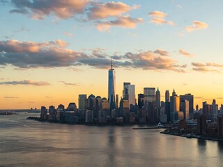 Fototapeta premium New York City skyline at sunset, viewed from the water.
