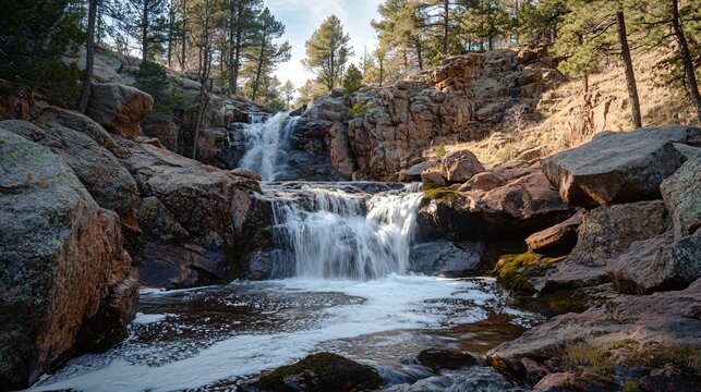 A beautiful waterfall cascades down rocky terrain with surrounding trees