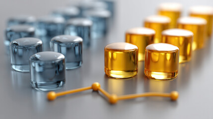 Solid state hydrogen storage concept with metallic and golden cylindrical units reflective surface. Innovation and energy