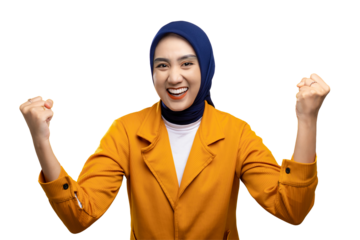 Excited young Asian woman making yes gesture, celebrating success, clenching fists isolated on transparent background
