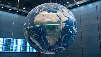 Cargo Management and Warehouse Scheduling Solutions concept. 3D globe model displayed in a modern environment with digital screens.