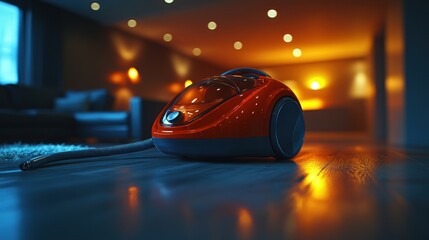 Obraz premium Orange vacuum cleaner on hardwood floor in dimly lit living room.