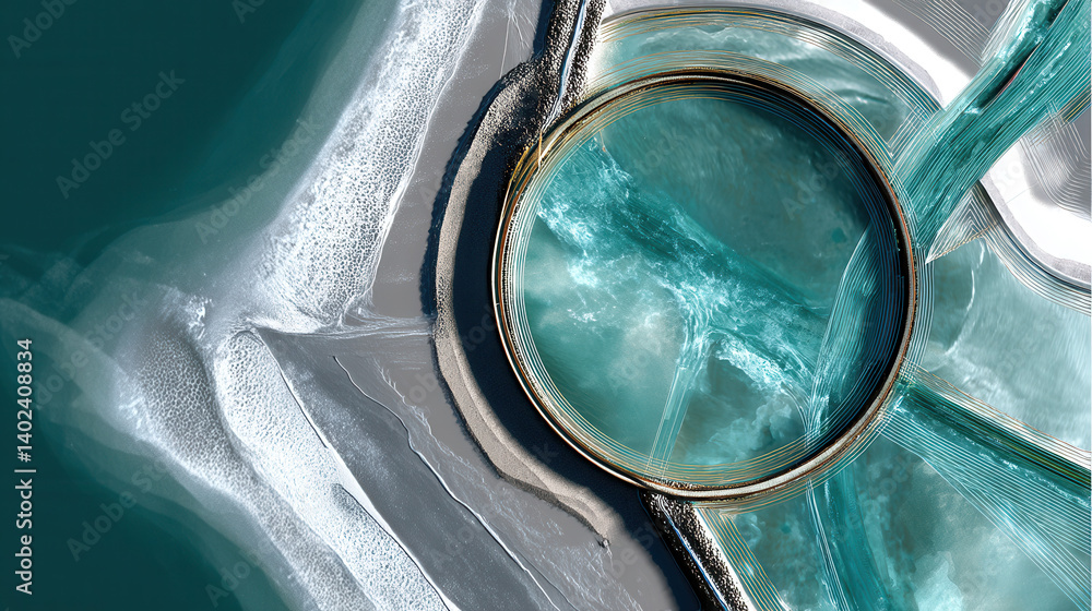 Poster aerial view of futuristic tidal lagoon with flowing water and circular structures, showcasing innova