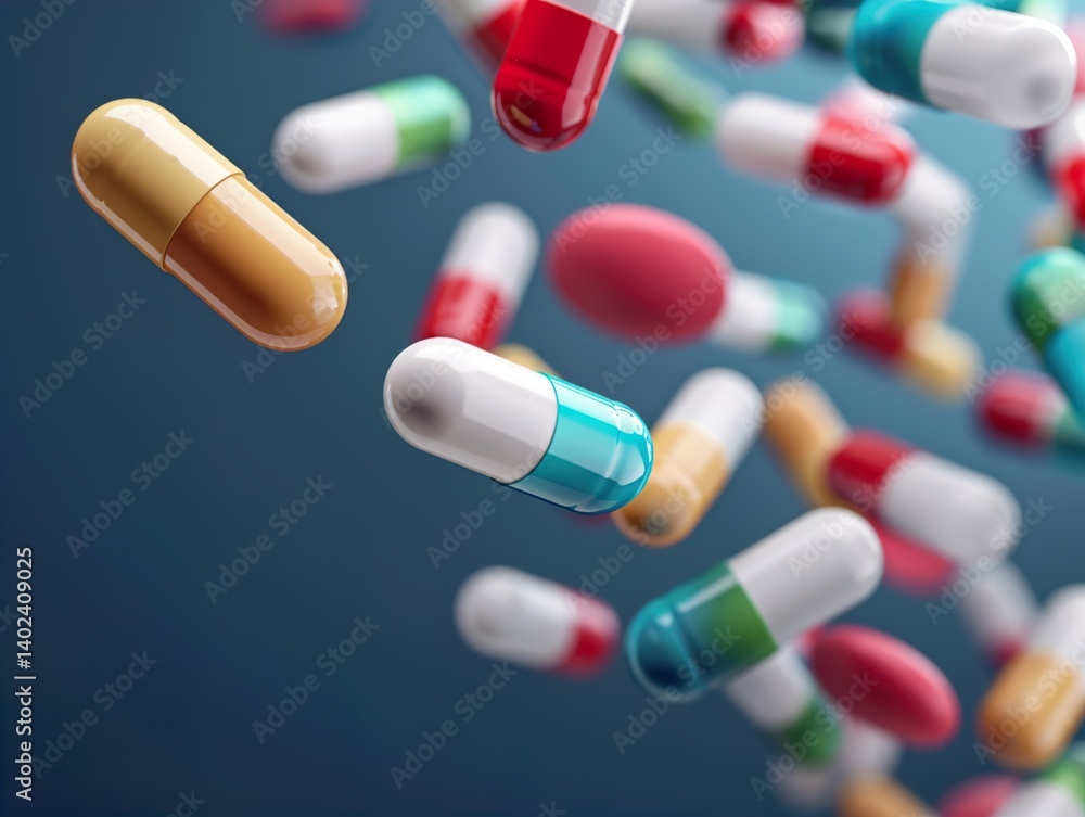 Poster a vibrant array of colorful capsules suspended in mid-air against a dark blue background, creating a
