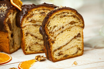 Panettone is the traditional Italian dessert for easter in 2021. Homemade panettone covered in chocolate and sprinkles. Bread served as dessert.