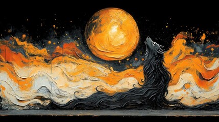 Black wolf howling at large orange moon in cosmic, fiery landscape.