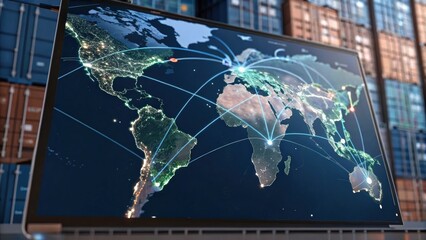 Cargo Management and Warehouse Scheduling Solutions concept. Digital world map showing global connectivity and trade routes.