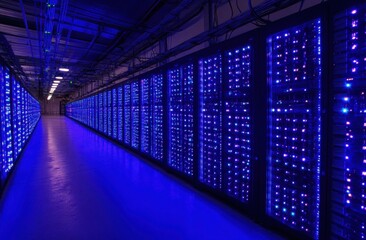 Massive server room filled with rows of illuminated server racks