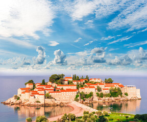 amazing seascape sunrise in isle of Svety Stefan Montenegro, morning landscape of adriatic sea isle...
