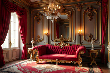 Opulent Living Room in Gold and Burgundy Representing Luxury with Copy Space