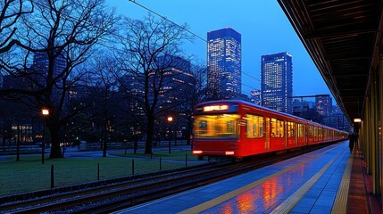Naklejka premium Twilight Cityscape: Red Tram in Tokyo