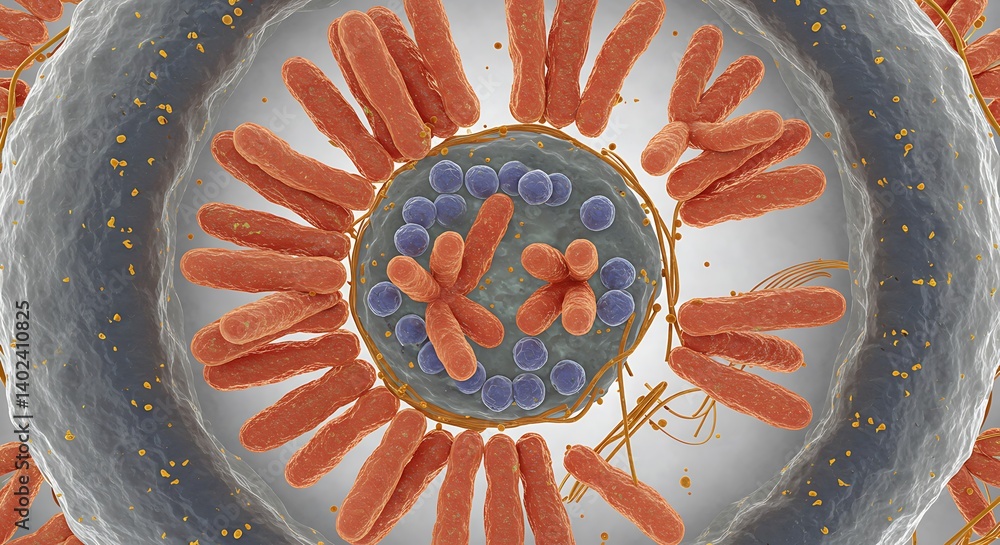 Poster analyzing microscopic image of cellular structure with bacteria and chromosomes