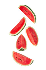 Falling Watermelon slices, cutout, full depth of field.