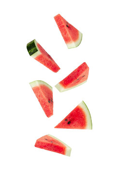 Falling Watermelon slices, cutout, full depth of field.