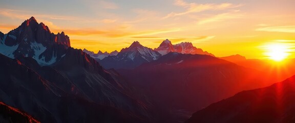 Naklejka premium Majestic sunset paints fiery hues across towering peaks, casting long shadows in the valleys, color, beautiful