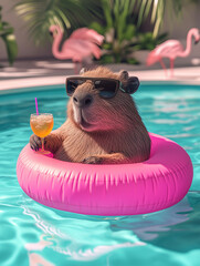 funny capybara floating in a pool on an inflatable ring with a cocktail, perfect for summer-themed posters, children's books, or vacation design projects