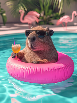 funny capybara floating in a pool on an inflatable ring with a cocktail, perfect for summer-themed posters, children's books, or vacation design projects