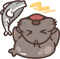 A fat seal throws a fish into the sky.