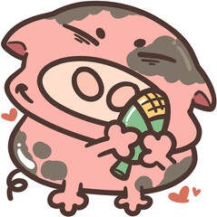 Fat pig hugs colorful corn.