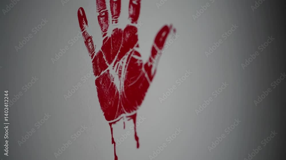 Poster close-up video of red paint dripping down a white surface, shot from a low angle, creating a dramati
