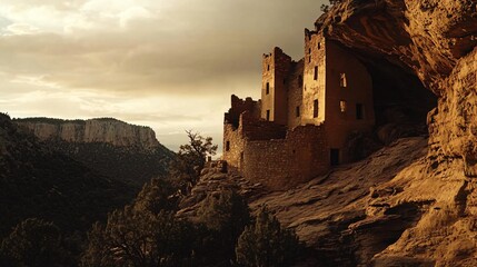 Fototapeta premium A weathered stone structure rests in a mountain landscape at sunset