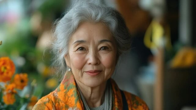 Elegant Older Woman Portrait: A serene and elegant older woman with silver hair and expressive eyes smiles gently, showcasing her natural beauty and timeless grace.