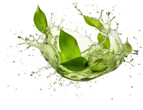 A vibrant splash of water with bright green leaves against a in a dynamic composition  on transparent background png