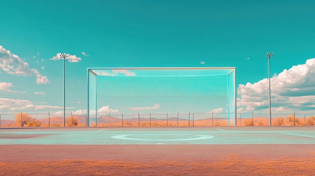A photograph showcasing a modern soccer stadium featuring advanced holographic goal line technology displayed near the goalposts. The field and sky offer ample space for various text overlays illustr - Powered by Adobe