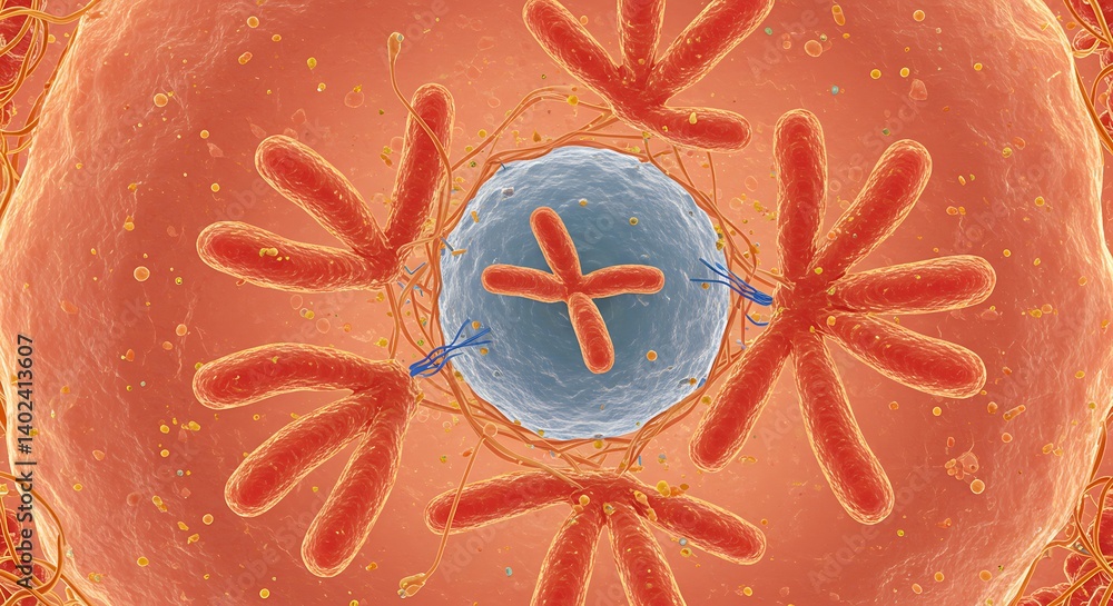 Poster cell division process showing chromosomes separating during mitosis in colorful rendering