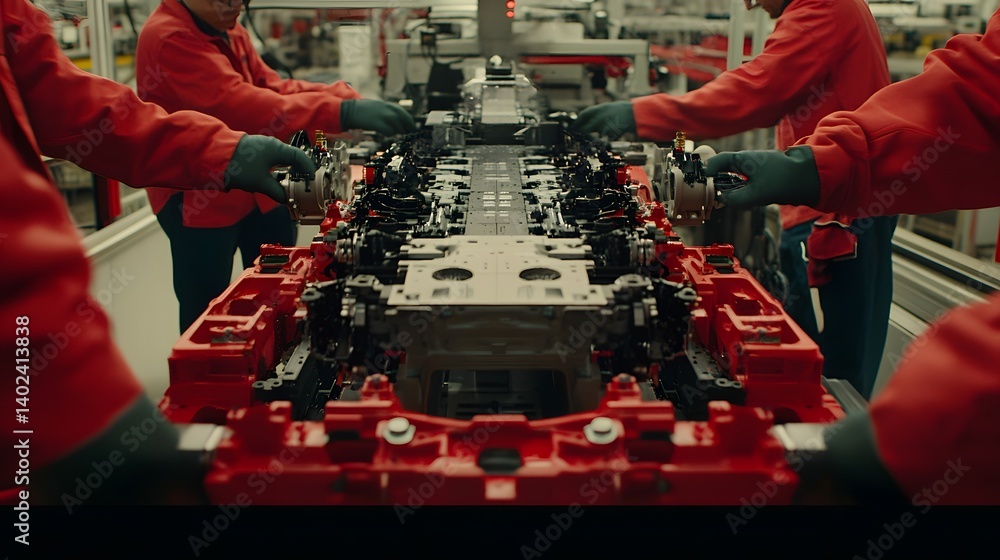 Aufkleber workers assembling machinery in a factory setting, showcasing teamwork and precision in production