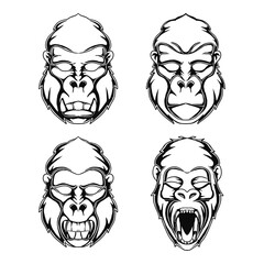 Collection Gorilla head mascot icon with aggressive expression vector monochrome style illustration