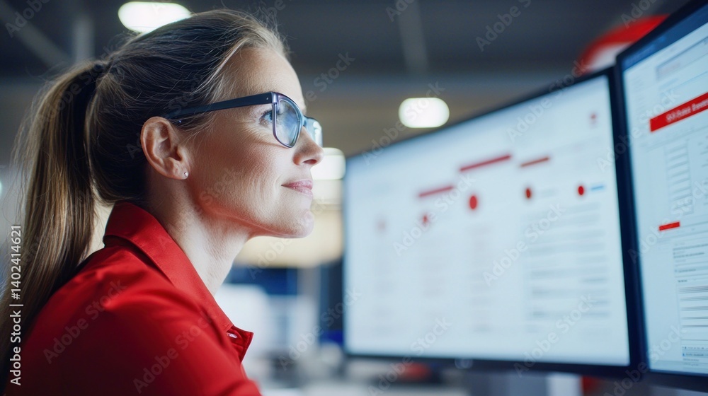 Poster focused businesswoman reviews data on multiple computer monitors in a modern office setting.